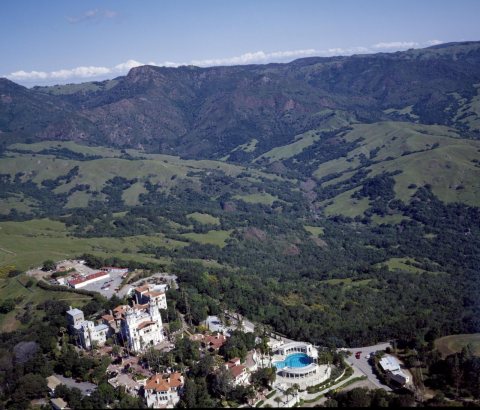 Aerial view of William Randolph Hearst's San Simeon estate in the coastal mountains of California