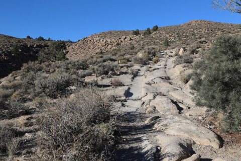 Tracks worn into rock on old wagon road from Owens Valley and Paradise up to