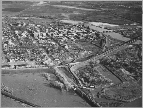 Olivehurst, 2 miles south of Marysville, Yuba County, California. Air view of the city of Marysville