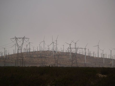 Wind turbines and power lines in