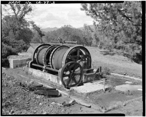 VIEW, LOOKING SOUTH, SHOWING DOUBLE-DRUM HOIST WORKS JUST EAST OF SHAFT - Mountain King Gold Mine and Mill, 4.3 Air mil…