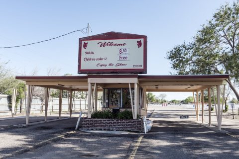 The ticket booth of the Mesa Drive-in Theater, established in 1951 in Blende, a Pueblo, Colorado, a gritty suburb of Pu…