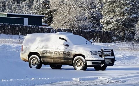 Snow covered Clear Creek County, Colorado Sheriff SUV near Floyd Hill Station No. 7(Evergreen Fire Rescue) 2019-02-23