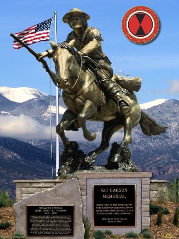 A poster depicting the Kit Carson Memorial at Fort Carson, Colorado (CO)