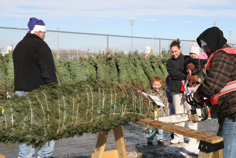 Army family at the Fort Carson Sports Complex with their baled Christmas tree (December 2008)