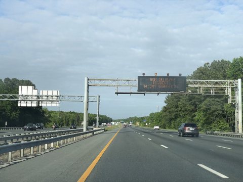 2020-05-21 18 00 23 Variable message sign reading "Non Delaware Residents - 14 Day Quarantine" along northbound Interst…