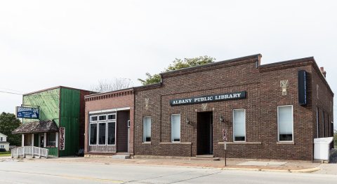 The public library and adjacent buildings in the small Illinois town of Albany