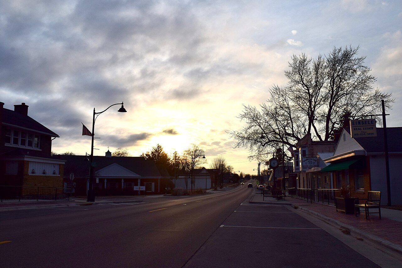 Downtown Shabonna, IL at sunset