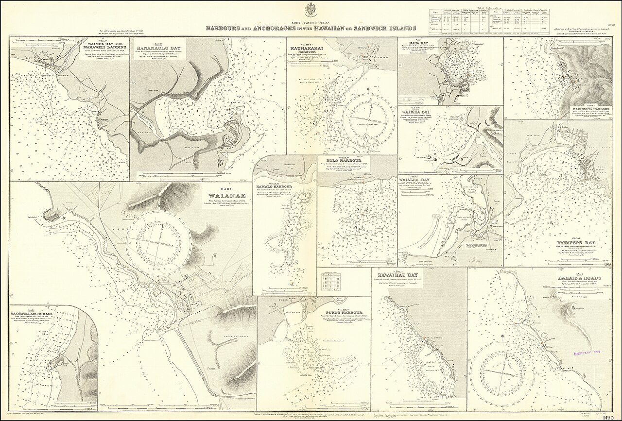 Admiralty Chart No 1490 Harbours and Anchorages in the Hawaiian or Sandwich Islands, Published 1891, Corrections to 1934
