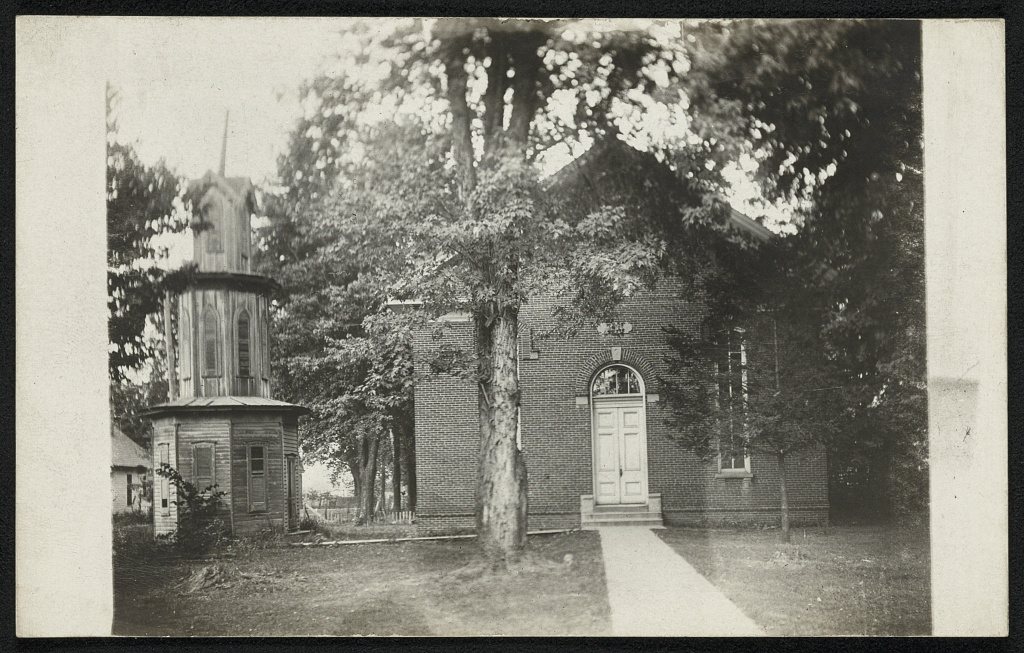 Friends Church and belfry containing first 'Quaker' bell in the United States. Georgetown, Illinois