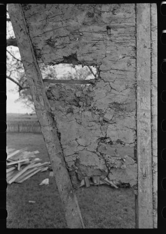 Untitled photo, possibly related to: Detail of construction of old house; note the wooden cross lath. The construction …