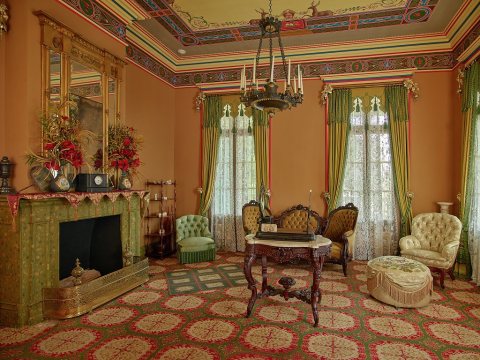 Parlor at San Francisco Plantation house, built in the 1850s on land now (as of 2021) on Marathon Oil Refinery grounds …