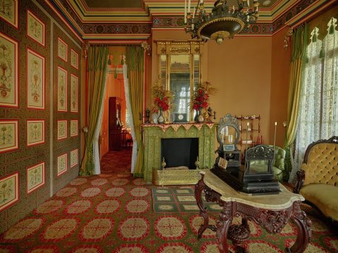 Parlor at San Francisco Plantation house, built in the 1850s on land now (as of 2021) on Marathon Oil Refinery grounds …