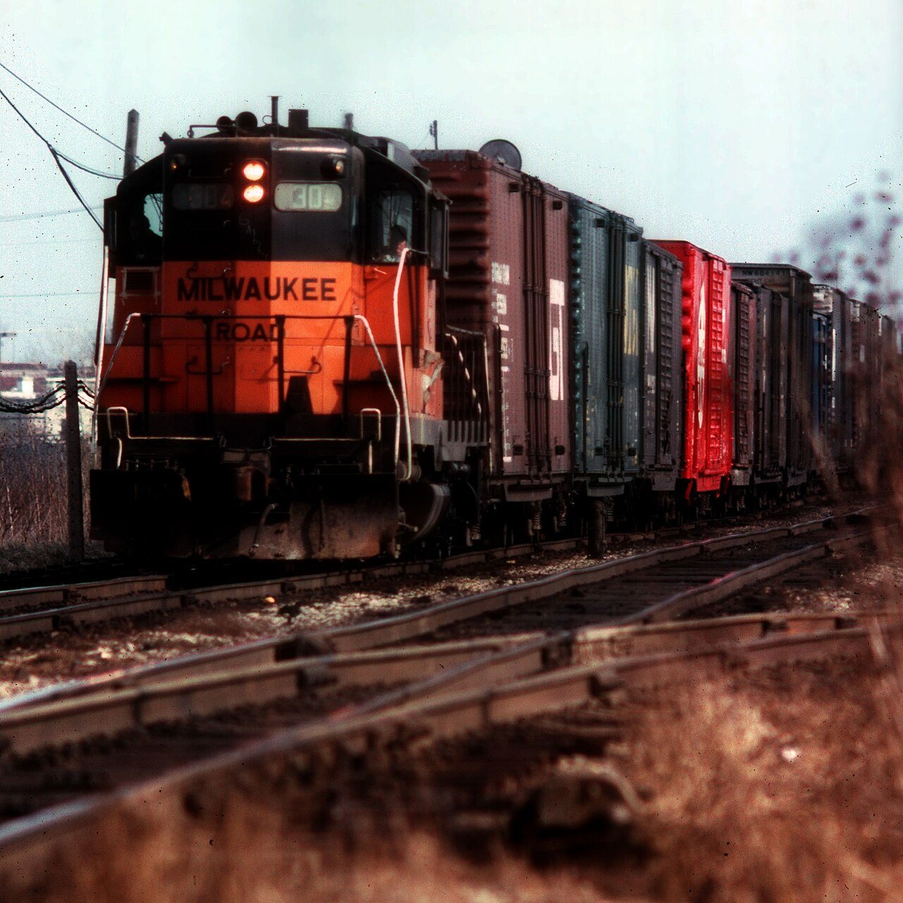 Milwaukee Road freight at Argo, Illinois, March 1978