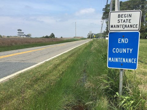 2016-05-18 11 44 45 Signs marking the end of county maintenance and beginning of state maintenance at the south end of …