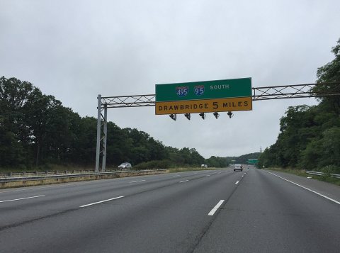 2016-07-04 08 43 04 Sign warning of a drawbridge (Woodrow Wilson Bridge) 5 miles ahead along the southbound inner loop …