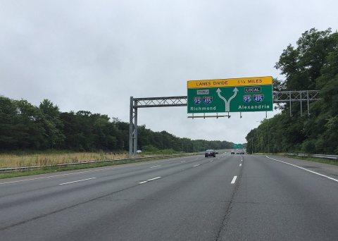 2016-07-04 08 43 48 View south along the inner loop of the Capital Beltway (Interstate 95 and Interstate 495) 1 1-4 mil…