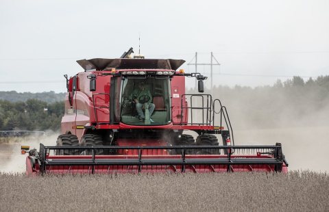 A farmer cuts down his soybean field, already harvested, near Thomson, Illinois