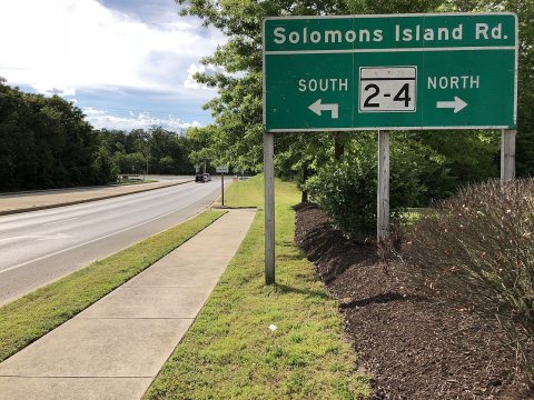 2020-05-23 17 23 32 View north along Maryland State Route 760 (Rousby Hall Road) just south of Maryland State Route 2 a…