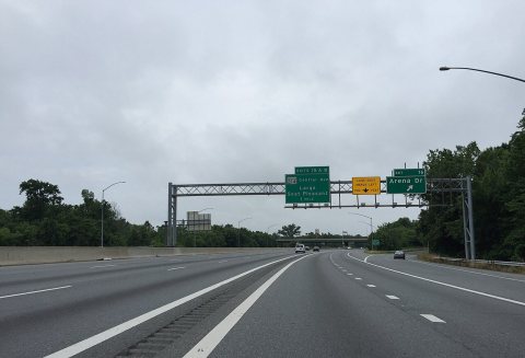 2016-07-04 08 30 20 View south along the inner loop of the Capital Beltway (Interstate 95 and Interstate 495) at Exit 1…