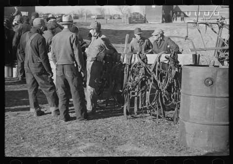 Farmers at country auction near Aledo, Mercer County, Illinois. Note harness