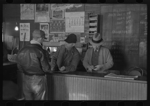 Clerks and clients at the weighing-in room, stockyards