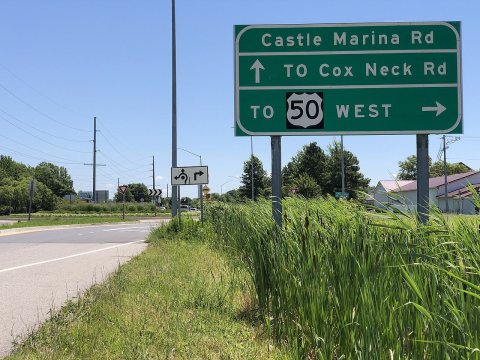 2022-06-29 11 59 05 View east along Maryland State Route 18 (Tanners Lane) at Castle Marina Road in Chester, Queen Anne…