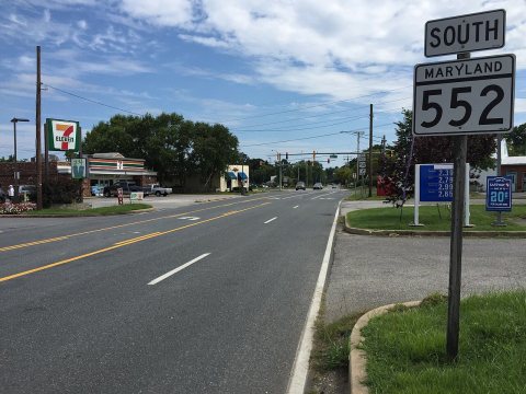 2017-08-11 15 26 54 View south along Maryland State Route 552 (Dominion Road) at U.S. Route 50 and U.S. Route 301 (Blue…