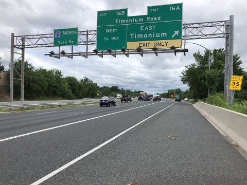 2019-06-21 10 06 20 View north along Interstate 83 (Baltimore-Harrisburg Expressway) at Exit 16A (Timonium Road EAST, T…