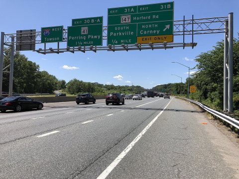 2019-06-14 14 23 41 View west along the Outer Loop of the Baltimore Beltway (Interstate 695) at Exit 31B (Maryland Stat…