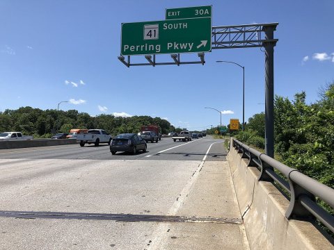 2019-06-14 14 30 23 View west along the Outer Loop of the Baltimore Beltway (Interstate 695) at Exit 30A (Maryland Stat…