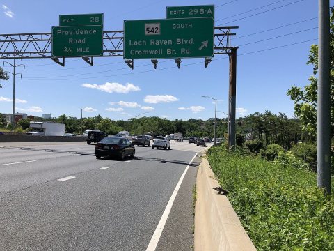 2019-06-14 14 35 33 View west along the Outer Loop of the Baltimore Beltway (Interstate 695) at Exit 29B-A (Maryland St…