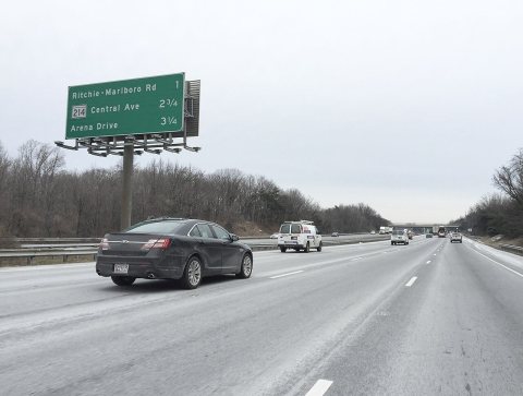 2016-01-22 09 18 24 A sign describing distance to exits along the northbound outer loop of the Capital Beltway (Interst…