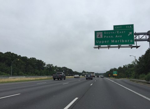 2016-07-04 08 36 49 View south along the inner loop of the Capital Beltway (Interstate 95 and Interstate 495) at Exit 1…