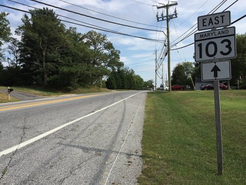 2016-09-15 15 49 24 View east along Maryland State Route 103 (Montgomery Road) at Maryland State Route 104 (Waterloo Ro…
