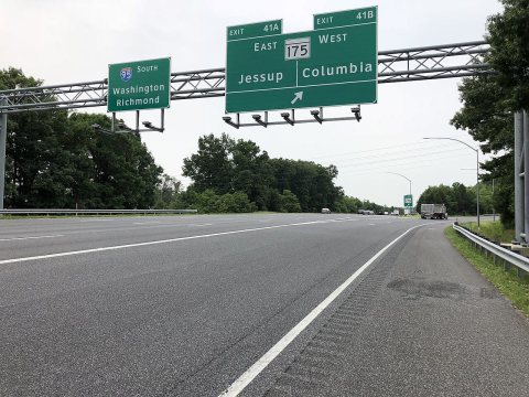 2019-06-05 11 35 01 View south along Interstate 95 at Exit 41 (Maryland State Route 175, Jessup, Columbia) along the ed…