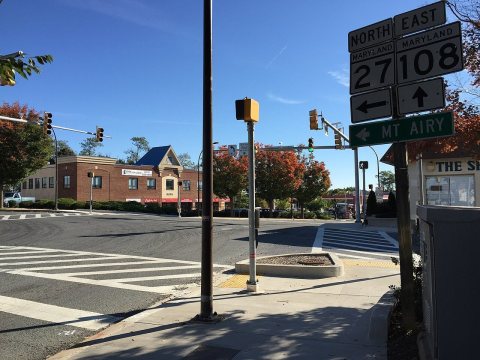 2016-10-14 10 03 05 View east along Maryland State Route 108 (Main Street) at Maryland State Route 27 (Ridge Road) in