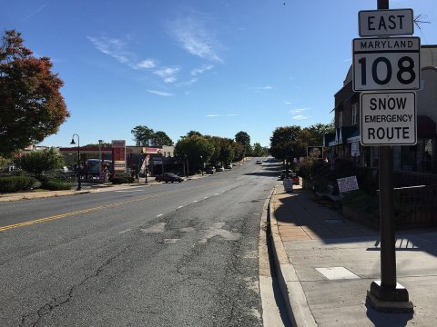 2016-10-14 10 03 35 View east along Maryland State Route 108 (Main Street) at Maryland State Route 27 (Ridge Road) in