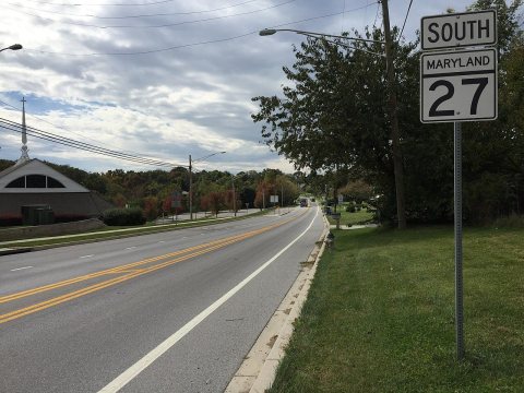2016-10-13 13 04 26 View south along Maryland State Route 27 (Ridge Road) at Woodfield Road in