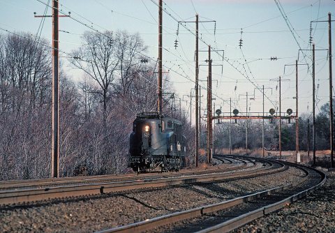 GG1 running light in Middle River, Maryland, December 1980