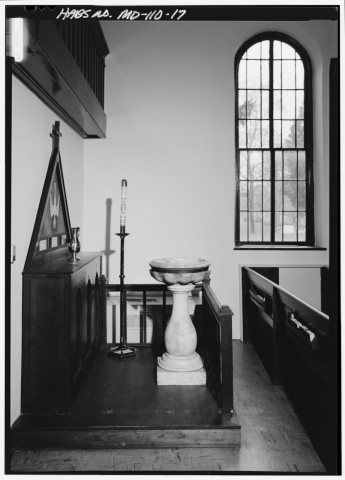 DETAIL VIEW OF ORIGINAL BAPTISMAL FONT AND PLATFORM TO REAR OF CHURCH, LOOKING WEST (NOTE WINDOW) - St. Paul's Church, …