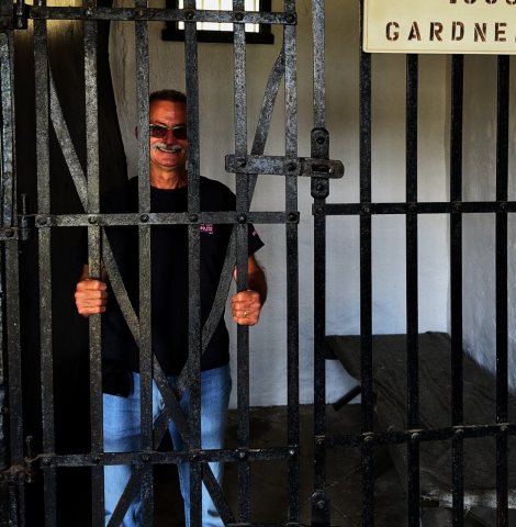 Mayor Mike Serena in the Gardner, Illinois historic two-celled jail (31 May 2024, 2 of 2)