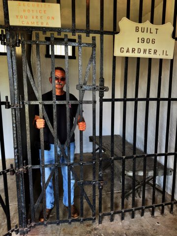 Mayor Mike Serena in the Gardner, Illinois historic two-celled jail (31 May 2024, 1 of 2)
