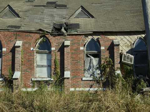 Remains of Simpson Hall, an old Masonic building in the railroad town of Dundee, Mississippi