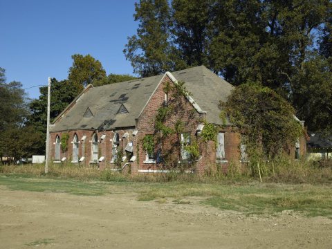 Remains of Simpson Hall, an old Masonic building in the railroad town of Dundee, Mississippi