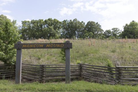 The Mangum Mound, an ancient burial mound located at milepost 45.7 on the Natchez Trace Parkway