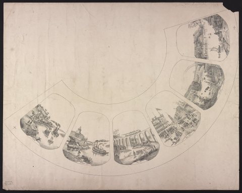 Lampshade design with six views: "Kansas", "Jefferson City", "Erie R.R.", "New York", "Niagara", and "Water Works, Phil…
