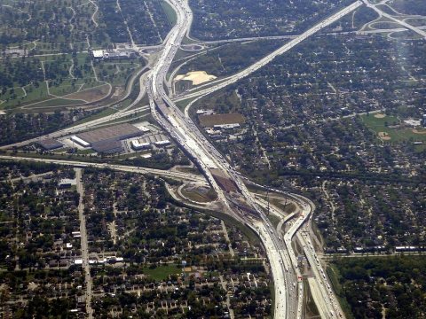 Aerial view of I-290 I-294 interchange construction, October 2024