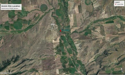 Anzick Site 01 A Google Earth Image modified to indicate the town of Wilsall, Montana as well as the Ansick site