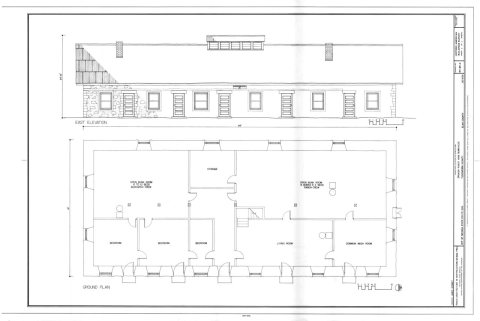 East elevation; plan - Spanish Ranch, Main Bunkhouse, Off of State Rt. 226